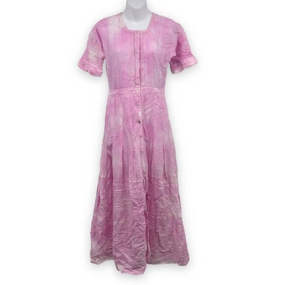 LoveShackFancy Edie Midi Dress XS Button Front Short Sleeve Crochet Lace Tie Dye